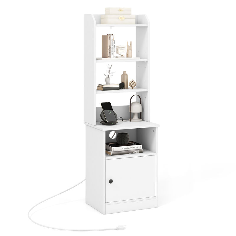 Vertical 6-Tier Nightstand with Power Station – Book Storage Shelf and Cabinet for Small Spaces