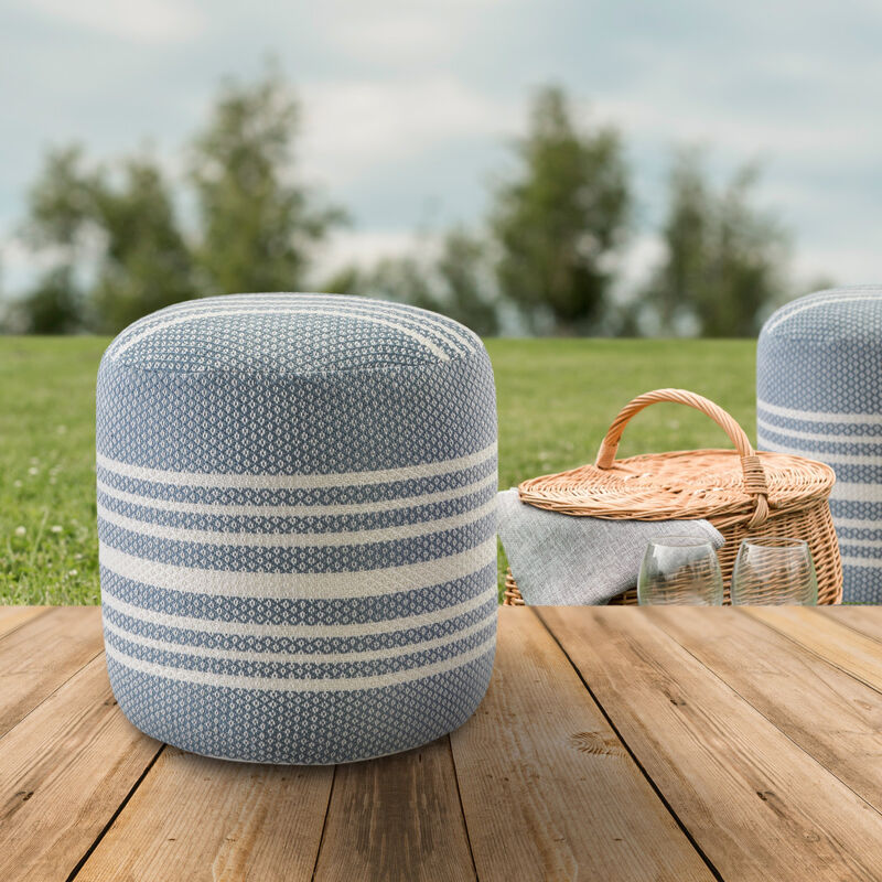 Round Striped Polyester Pouf Ottoman for Extra Seating or Stylish Accent