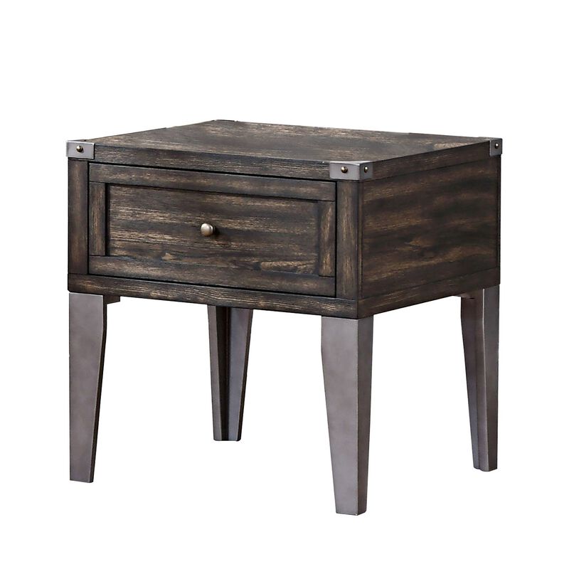 1 Drawer Wooden End Table with Metal Angled Legs, Brown