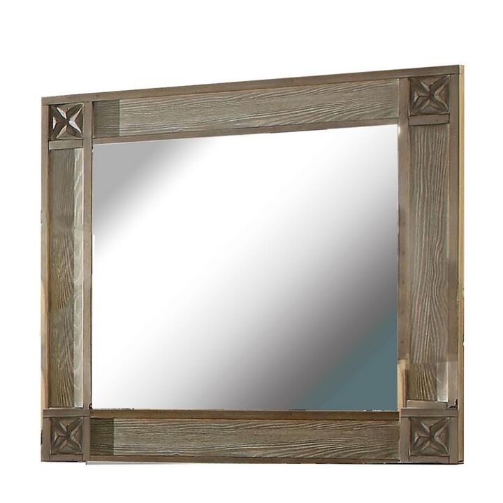 44 Inch Rectangular Mirror with Carved Corners, Brown-Benzara