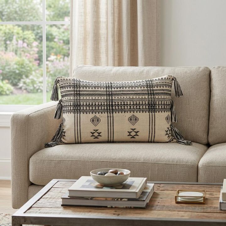 HomeRoots 14" X 20" Beige and Black Southwestern Cotton Throw Pillow With Tassels