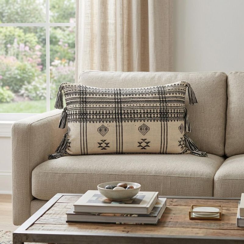 HomeRoots 14" X 20" Beige and Black Southwestern Cotton Throw Pillow With Tassels image number 1