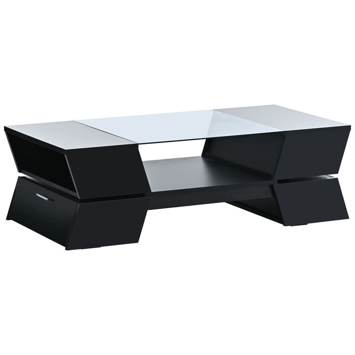 6mm Glass-Top Coffee Table with Open Shelves and Cabinets, Geometric Style Cocktail Table with Great Storage Capacity, Modernist 2-Tier Center Table for Living Room