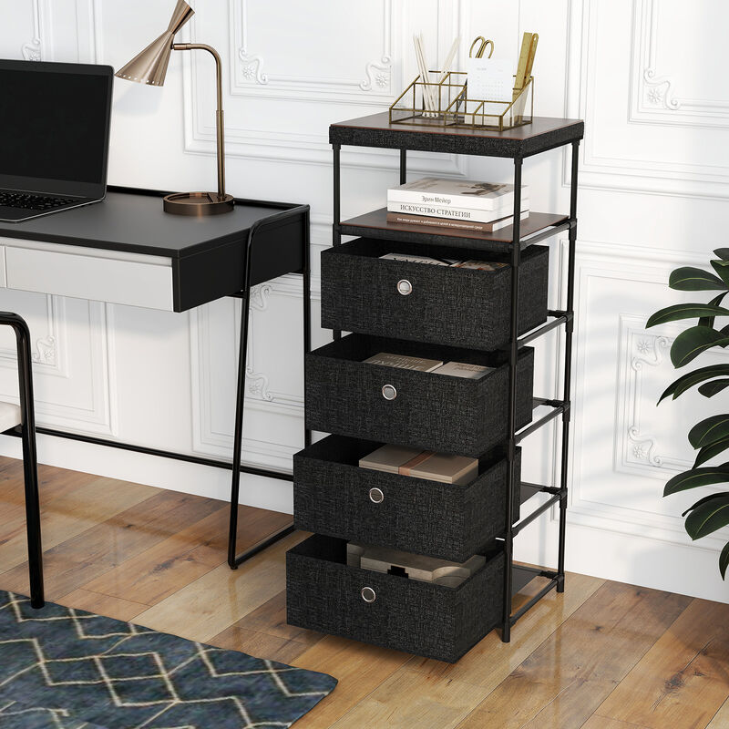 4 Drawer Storage Tower with Fabric Bins, Wood Top and Sturdy Metal Frame