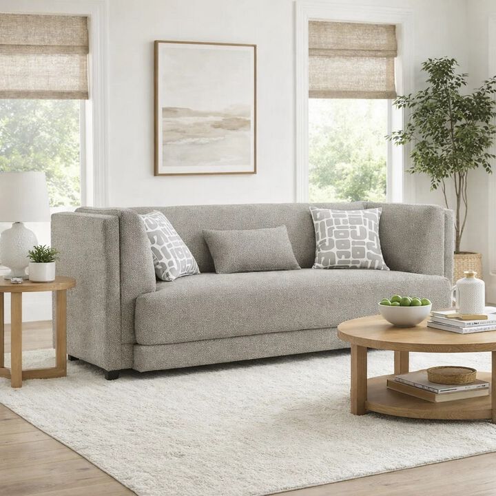 Gely 87 Inch Sofa with 3 Accent Pillows, Straight Arms, Gray Chenille