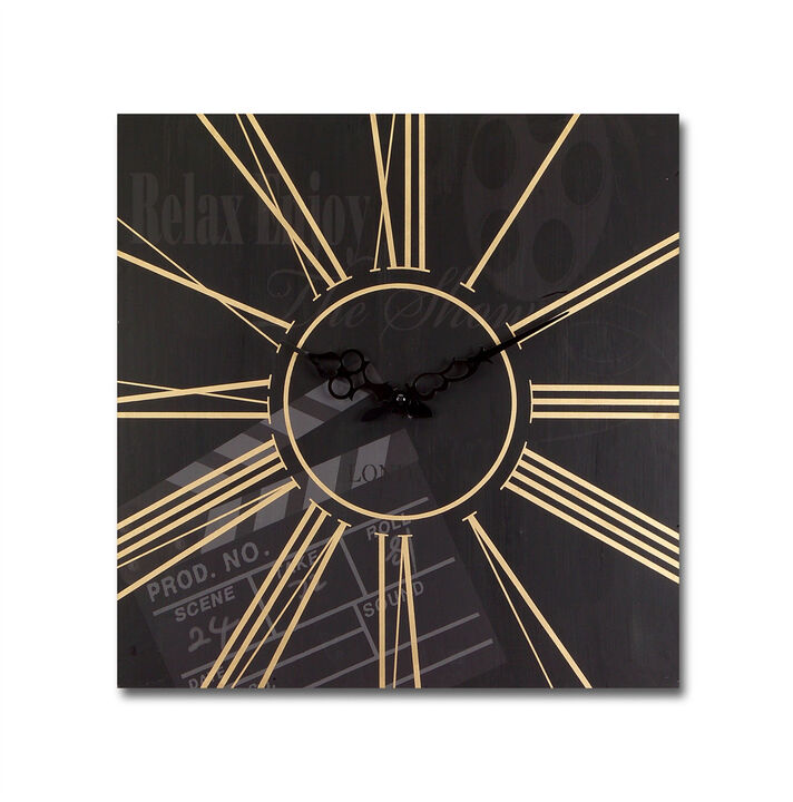 HomeRoots Set of Two Black And Gold Wood Analog Square Cinema Wall Clocks