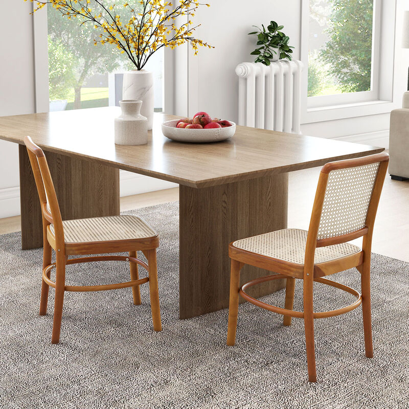 Set of 2 Dining Chairs Rattan with Teak Wood Structure and Footrests