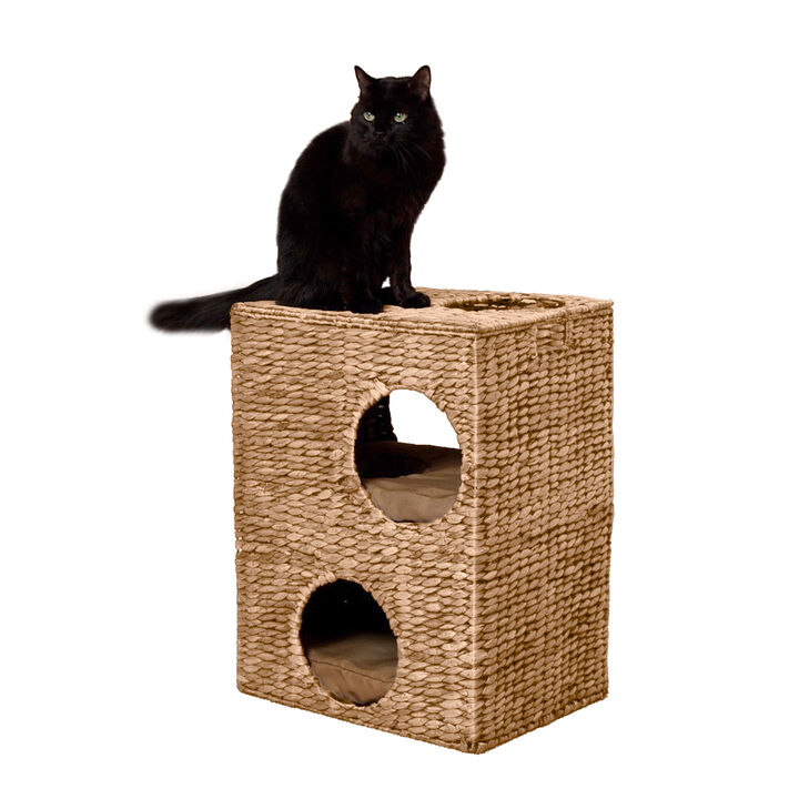 Jaxon Modern Classic 2-Tier Handwoven Hyacinth Rectangular 5-Hole Cat Condo with 2 Machine-Washable Cushions