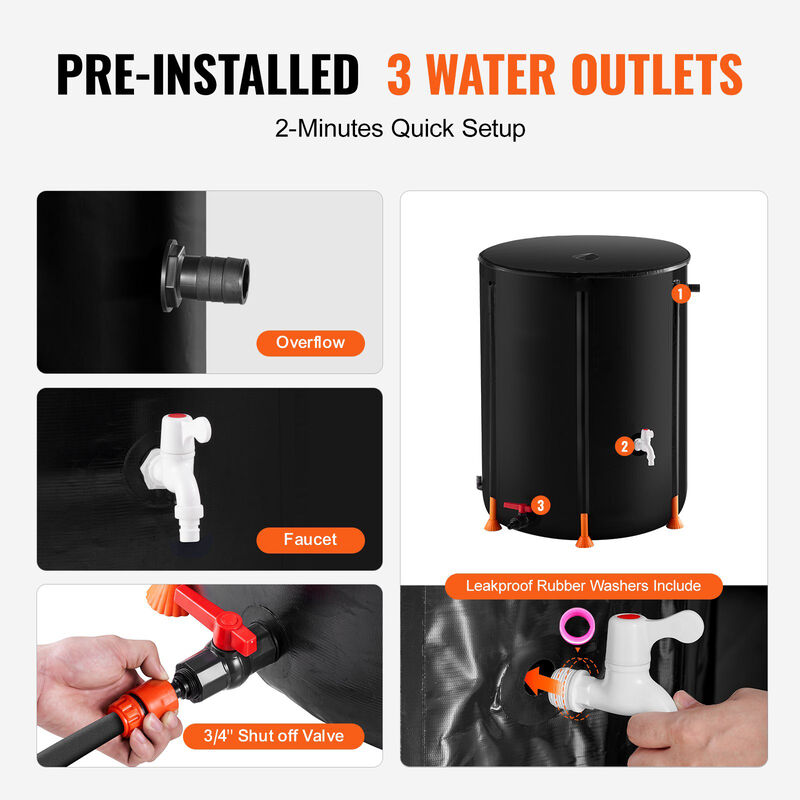 Foldable 100 Gal Rainwater Barrel with Spigots and Overflow for Garden or Lawn Use