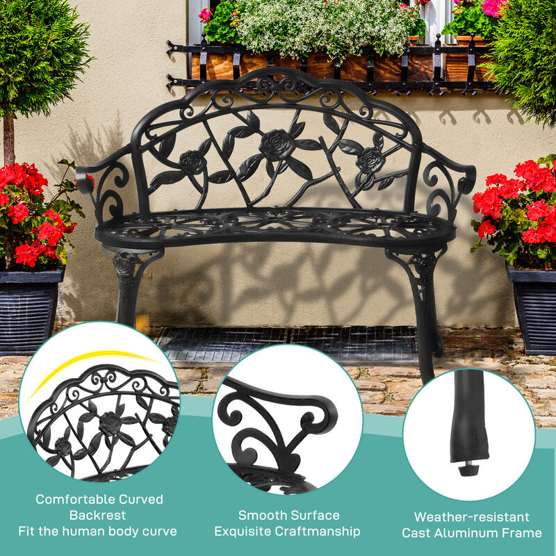 Outdoor Cast Aluminum Patio Bench, Porch Bench Chair with Curved Legs Rose Pattern
