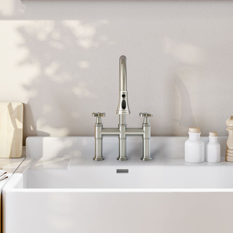 Mondawe Bridge Kitchen Faucet 3 Way Spray Function, High Arc Kitchen Faucet with Pull Down Sprayer 2 Handles 8 inch Widespread 360 Swivel Spout
