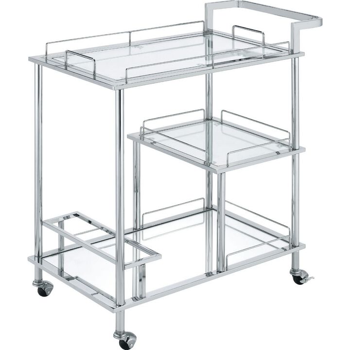 3 Tier Serving Cart with Glass Shelves and Metal Frame, Chrome-Benzara