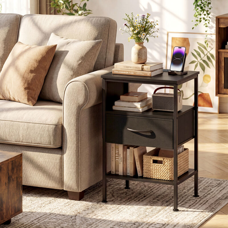 Modern Nightstand with Charging Station, Fabric Drawer Bedside Table image number 1