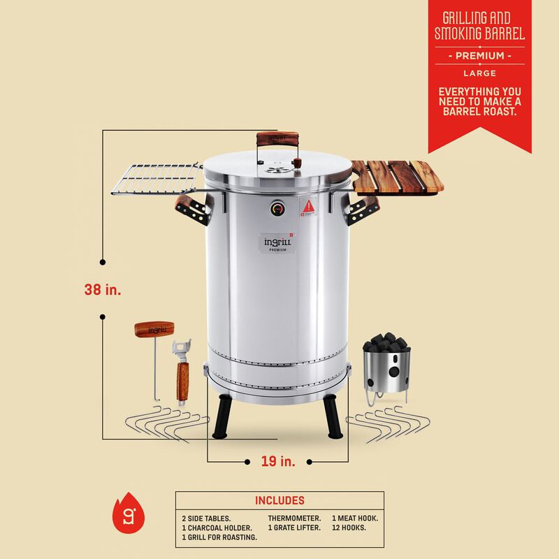 3-in-1 Stainless Steel Smoker Barrel Grill  Premium&ndash; Portable Charcoal BBQ with Thermometer, 40 lbs Outdoor Cooking Smoker for Camping, Backyard & Home BBQ INGRILL image number 2