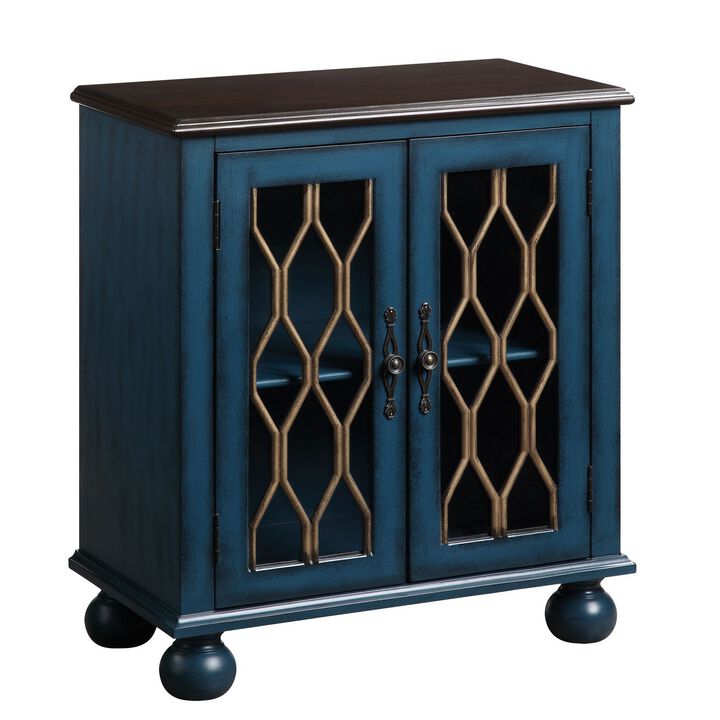 Console Table with Trellis Pattern Door and 1 Shelf, Antique Blue-Benzara