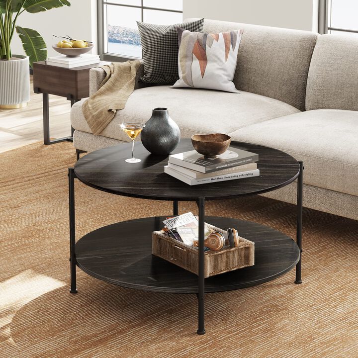 WLIVE Round Coffee Table for Living Room, 32.6"" Small Coffee Table with Open Storage Shelf, 2-Tier Industrial Circle Wood Cente