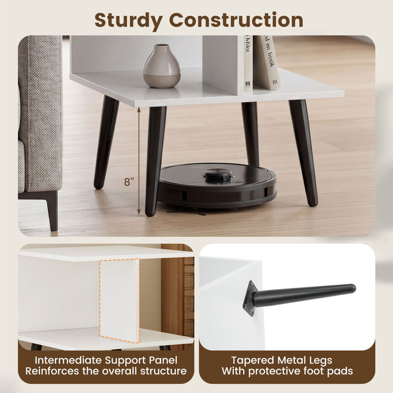 Modern 2-Tier End Table with 2 Storage Compartments and Sturdy Metal Legs-White image number 4