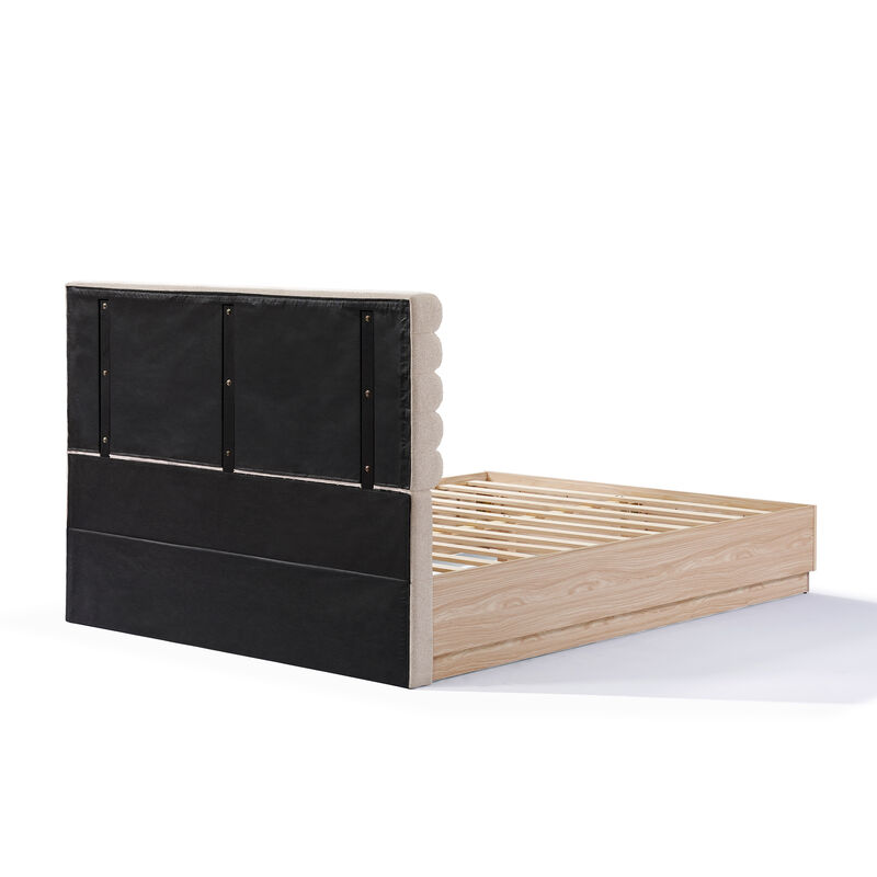 Merax Queen Wood Platform Bed Frame with Taupe Boucle Upholstered Headboard