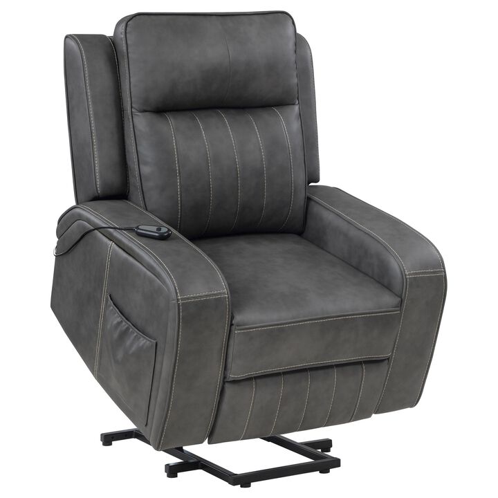 Josen Power Recliner Chair, 36 Inch Gray Faux Leather, Track Armrests - Benzara