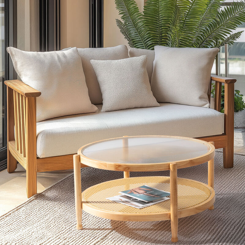 Rattan Coffee Table with Glass Top, Round Side Table for Living Room or Patio