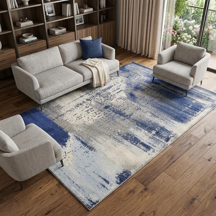 HomeRoots 7' X 10' Blue Ivory And Gray Abstract Area Rug