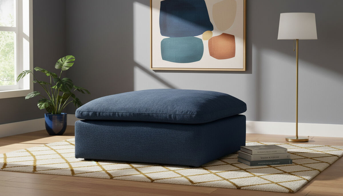 Meridian Furniture Serene Navy Linen Textured Fabric Deluxe Comfort Modular Ottoman