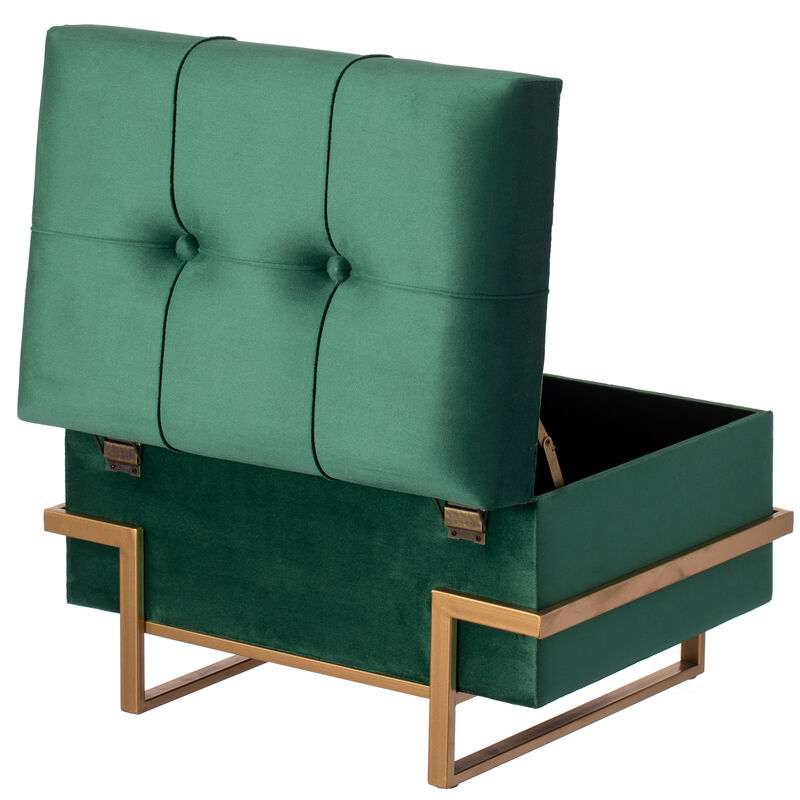 Rectangle Velvet Storage Ottoman Stool Box with Abstract Golden Legs | Decorative Sitting Bench for Living Room Home Decor with Unique Base Support (Green Small)