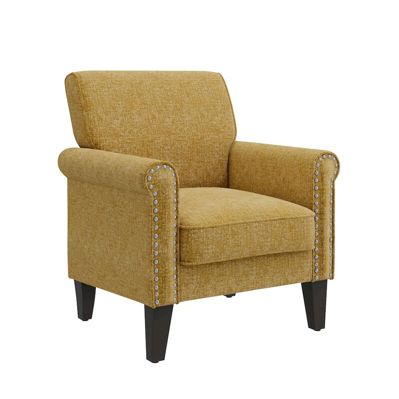 HL Home Furnishings Jean Rolled Armchairs with Nailheads in Gold Chenille
