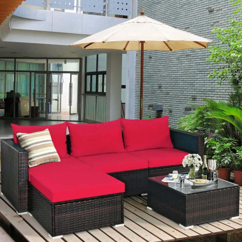 Hivvago 5 Pieces Patio Rattan Sectional Furniture Set with Cushions and Coffee Table