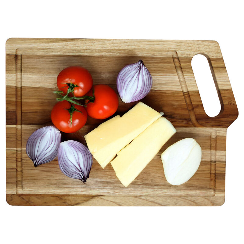 EcoDecors 18" x 14" FSC Teak Edge Grain Cutting Board with Handle & Groove