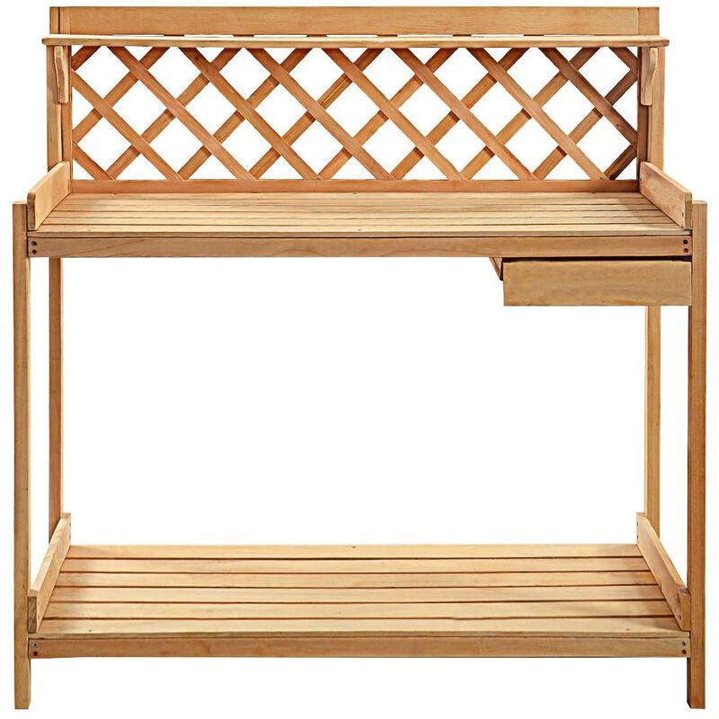 QuikFurn Solid Wood Garden Work Table Potting Bench in Natural Finish