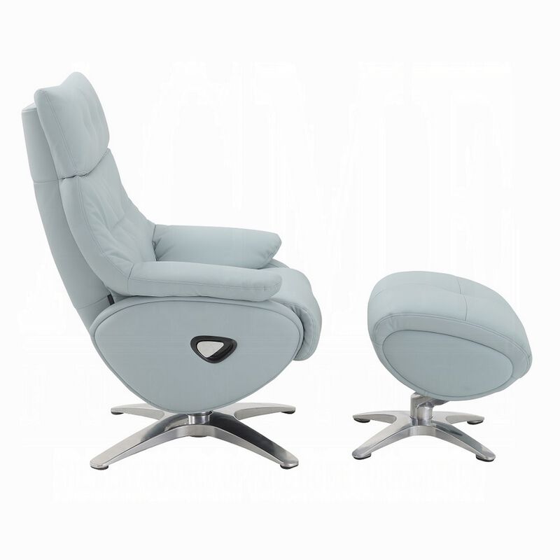 Fema Swivel Accent Chair w Ottoman, Light Blue Top Grain Leather