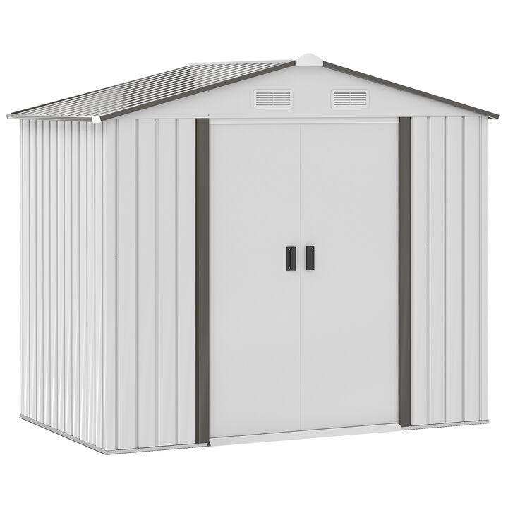 Outsunny 7' x 4' Outdoor Storage Shed, Garden Tool House with Foundation, 4 Vents and 2 Easy Sliding Doors for Backyard, Patio, Garage, Lawn, White