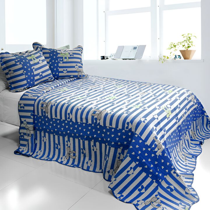 Lightweight 3PC Cotton Vermicelli-Quilted Printed Quilt Set Queen Size Bedspread