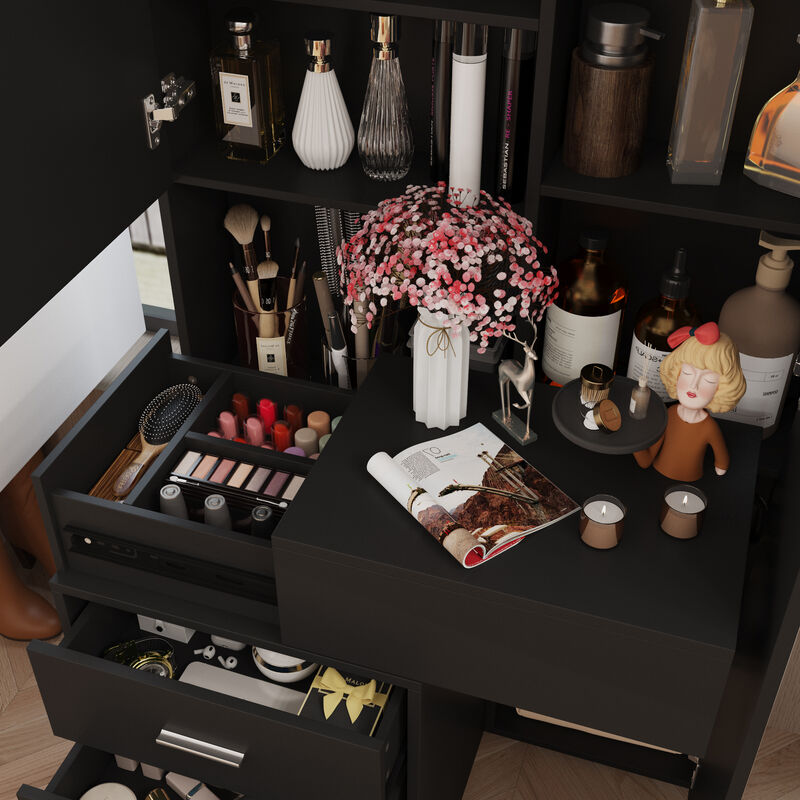 FUFU&GAGA Modern Lighted Vanity Mirror Dresser with 3 Drawers and 1 Sliding Cabinet, Full-Length Mirror, (31.5 in. W x 13 in. D x 63 in. H), Black image number 7