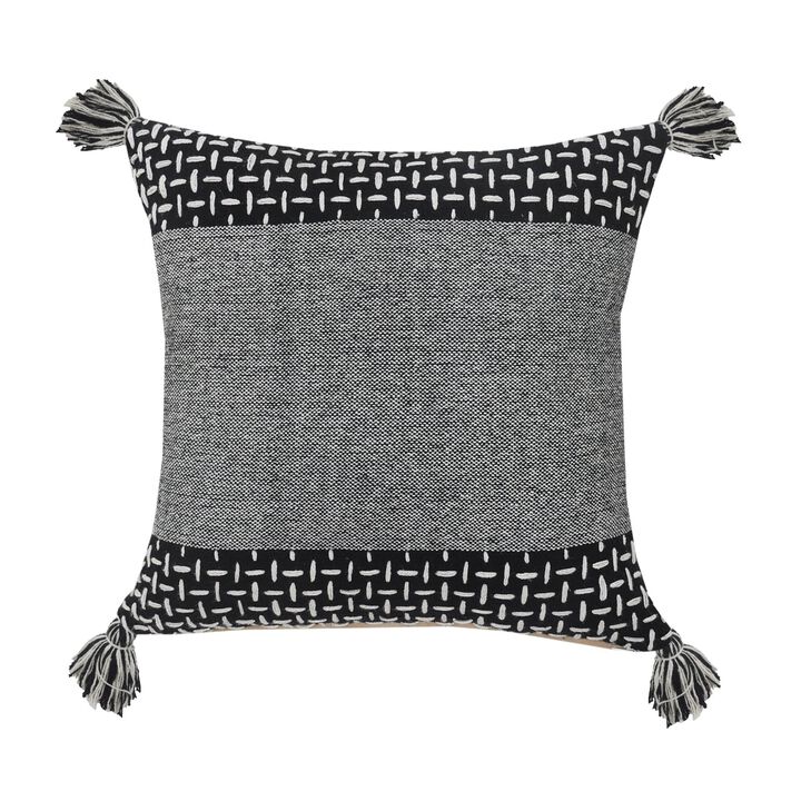 20" Black and White Interwoven Dash Geometric Square Throw Pillow with Tassels