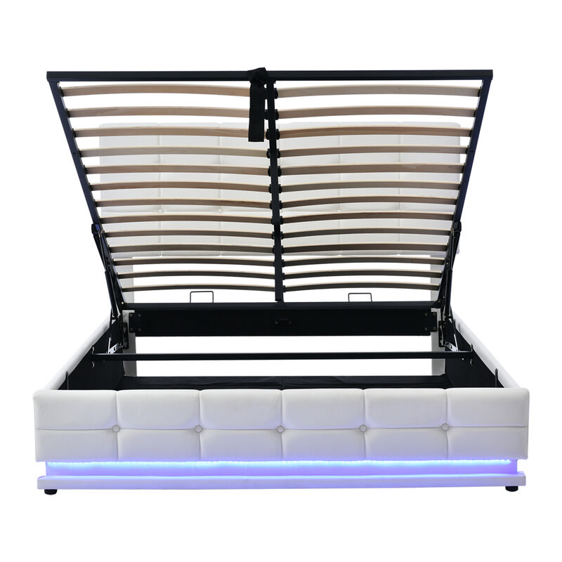 Tufted Upholstered Platform Bed with Hydraulic Storage System, Queen Size PU Storage Bed with LED Lights and USB charger, White