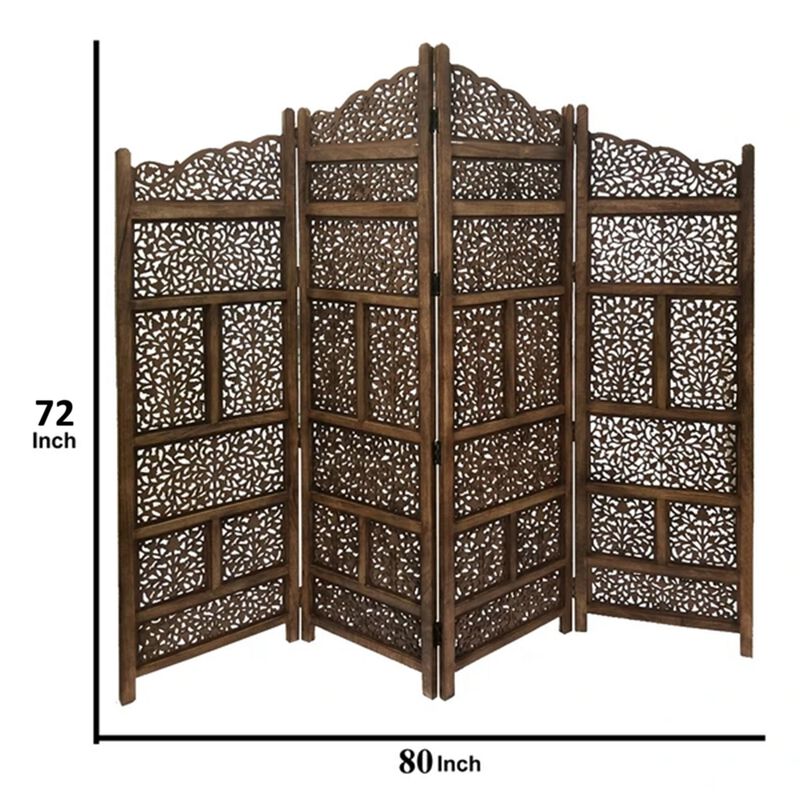Benzara Hand Carved Foldable 4 Panel Wooden Partition Screen/RoomDivider,Brown-Benzara