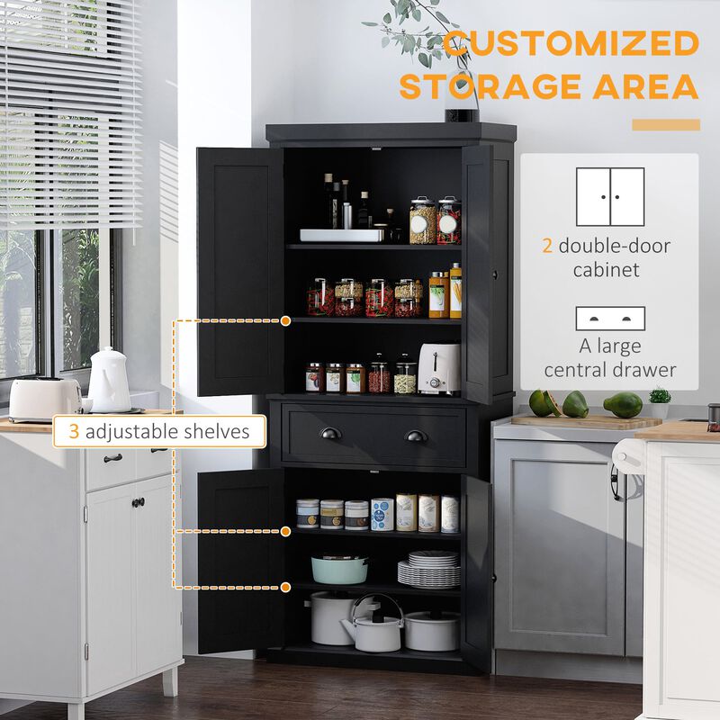 72" Black Kitchen Pantry: Freestanding, Cabinet Storage