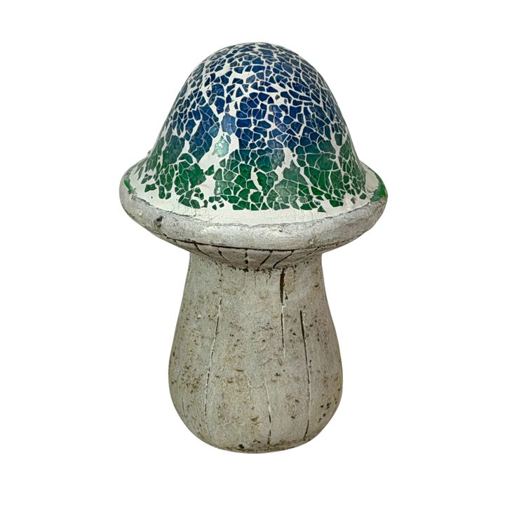 Mosaic Cement Mushroom Statue Blue Green White Garden Figurine 8 In