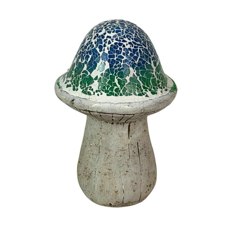 Mosaic Cement Mushroom Statue Blue Green White Garden Figurine 8 In image number 0