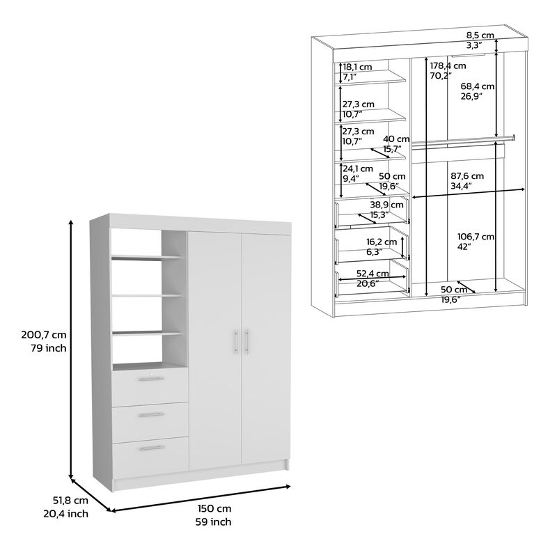 DEPOT E-SHOP Laurel 3-Tier Shelf and Drawers Armoire with Metal Handles, White
