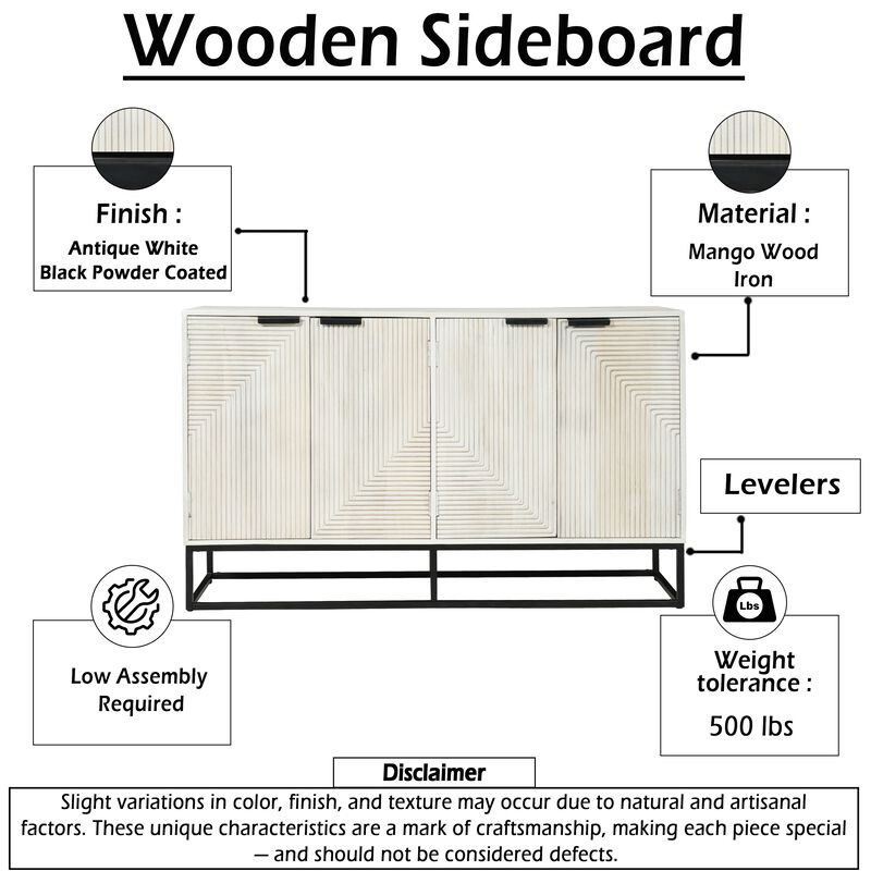 Seya 4 Door Sideboard Console, Fluted Front, Antique White Mango Wood, Black Iron Base, 60 Inch image number 4