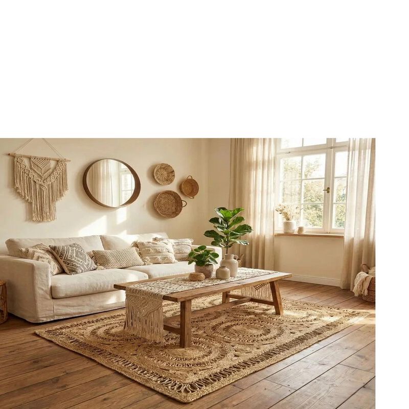 Hand Woven Rectangular Wheel Designed Jute Rug