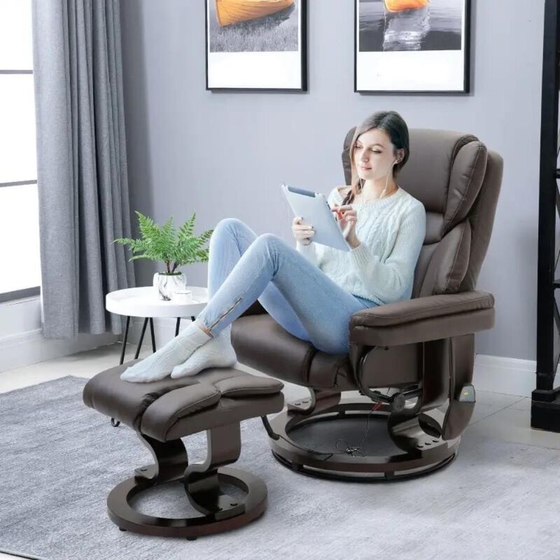 Hivvago Adjustable Brown Faux Leather Remote Massage Recliner Chair w/ Ottoman