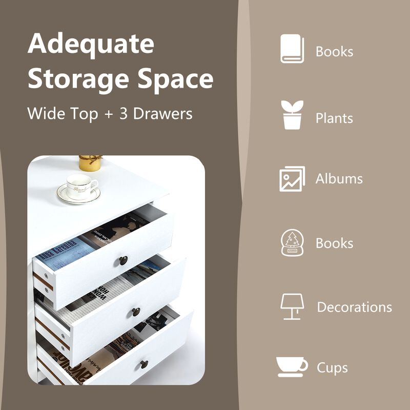 Nightstand Beside End Side Table Organizer with 3 Drawers