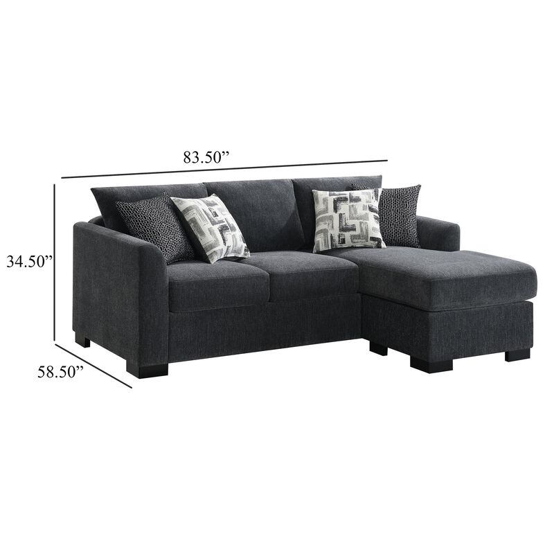 Storia Sleeper Sectional Chaise Sofa, Dark Gray, 4 Pillows, 84 Inch - Benzara
