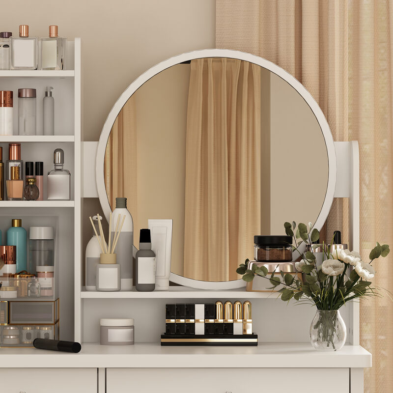 5-Drawers White Makeup Vanity Table Set with Stool Dressing Desk Vanity Wood with Round Mirror Storage Shelves