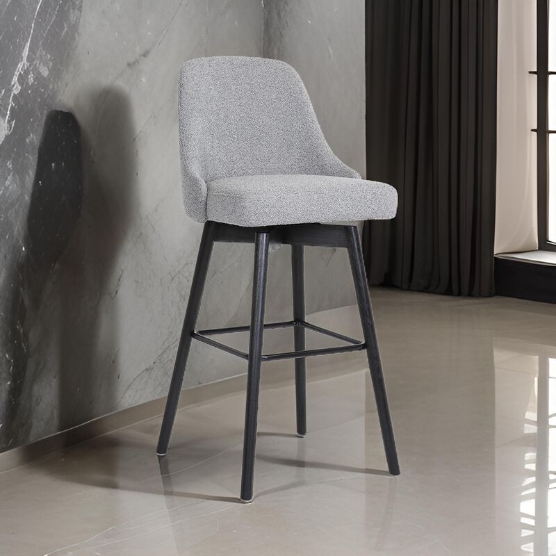 Sean 30 Inch Barstool Chair, Parson Style, Swivel, Light Gray Fabric, Black - Benzara
