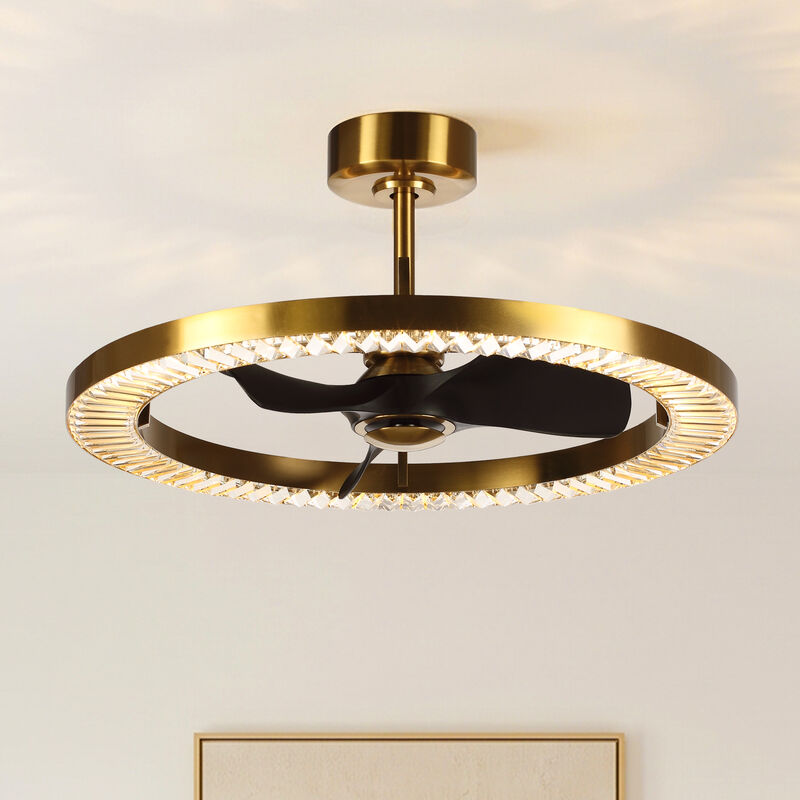 31.9" Modern Brushed Copper Wheel Caged Crystal Reversible Dimmable Ceiling Fan with Light and Remote for Bedroom, Living Room or Dining Room image number 1